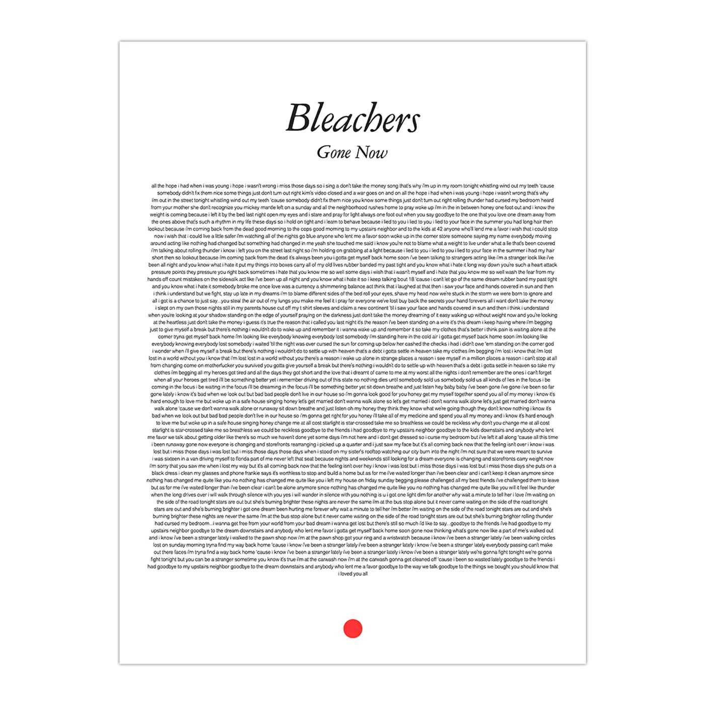 Bleachers GONE NOW FULL ALBUM LYRIC POSTER