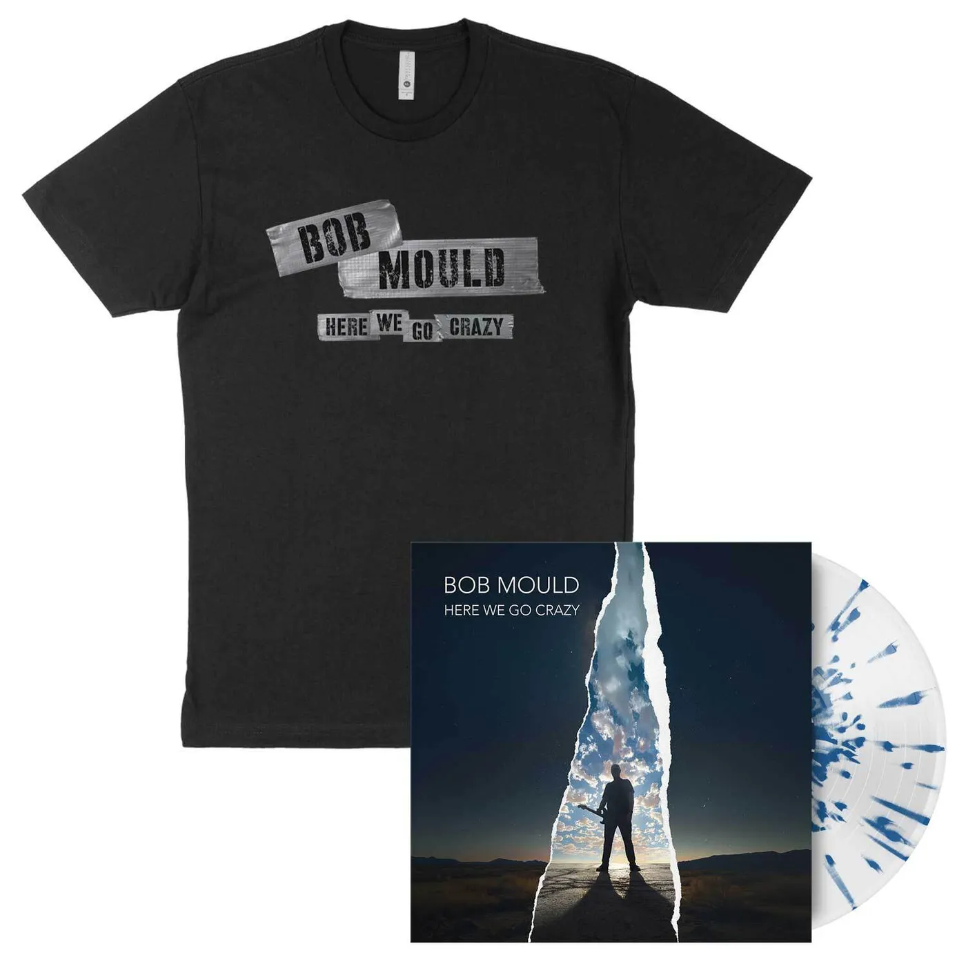 Bob Mould Here We Go Crazy Blue Splatter Vinyl + Shirt Bundle
