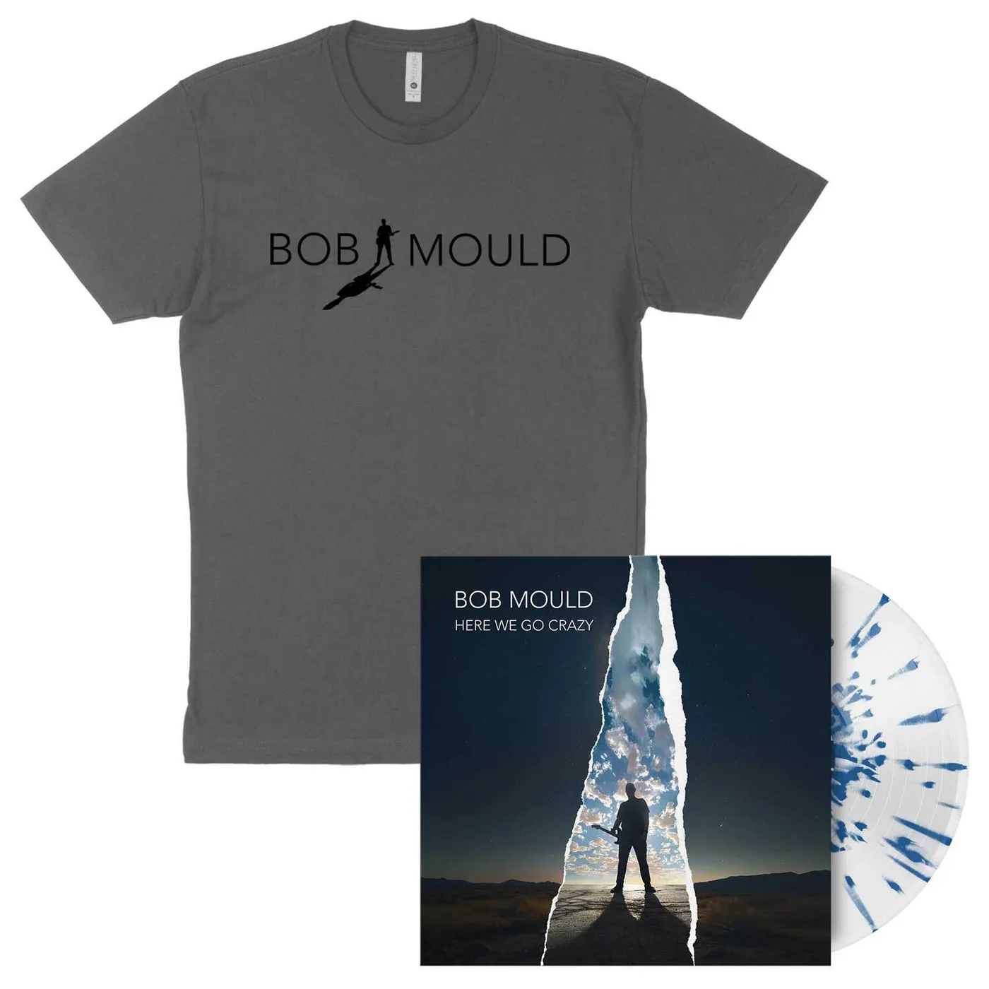 Bob Mould Here We Go Crazy Blue Splatter Vinyl + Shirt Bundle