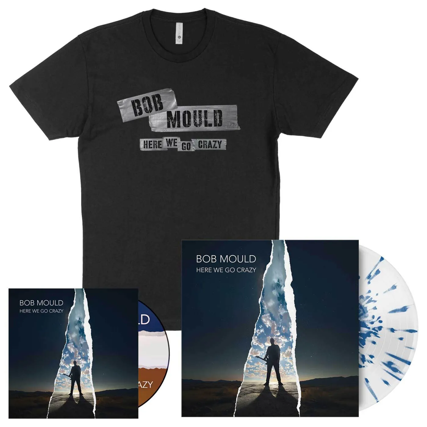 Bob Mould Here We Go Crazy CD + Blue Splatter Vinyl + Shirt Bundle
