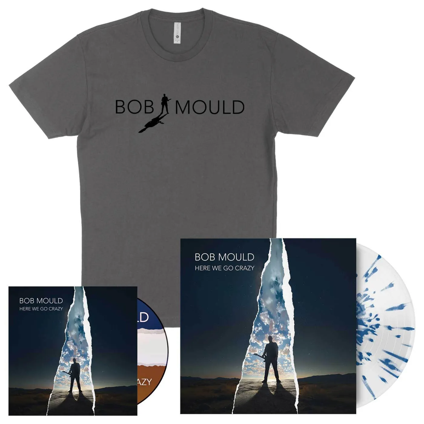 Bob Mould Here We Go Crazy CD + Blue Splatter Vinyl + Shirt Bundle