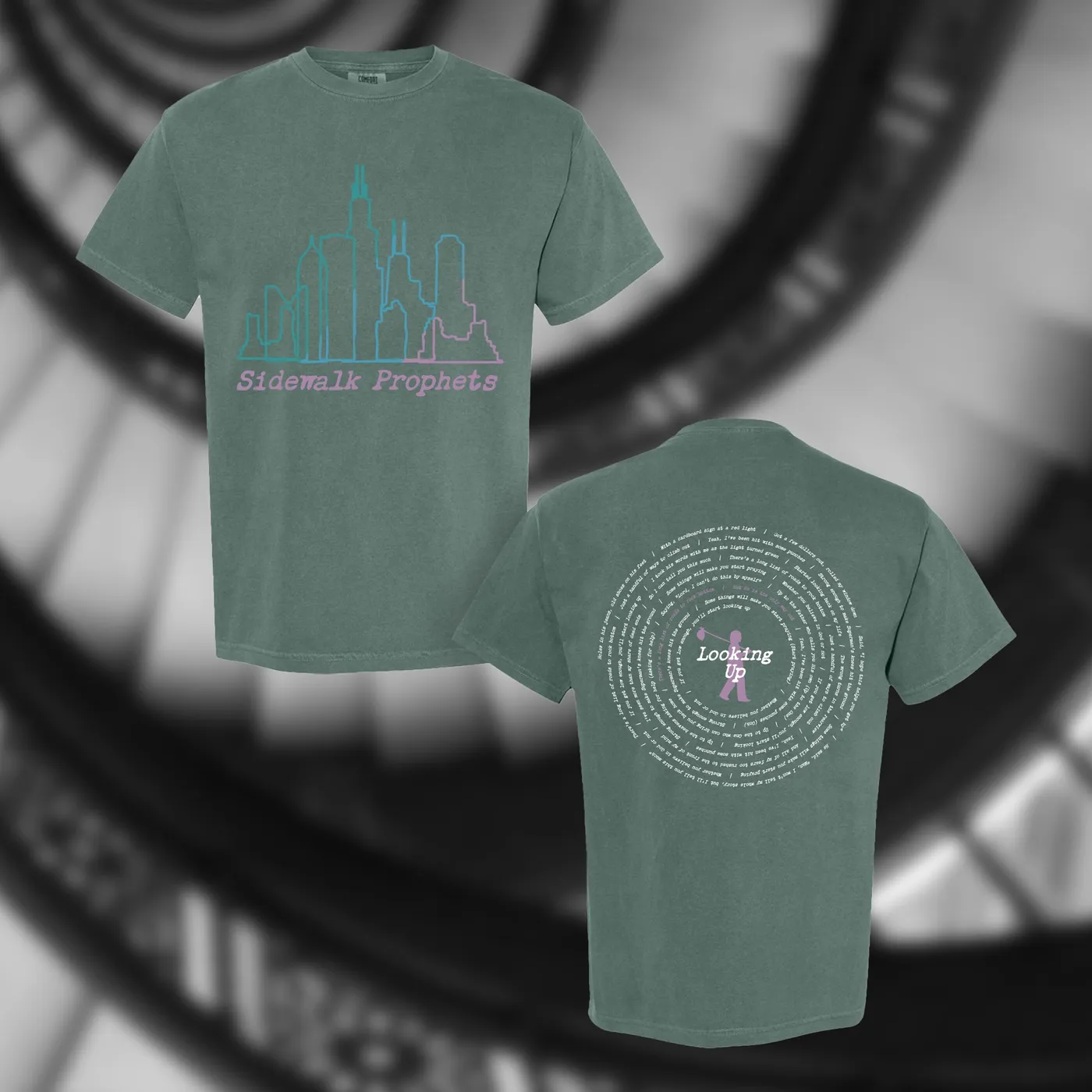 Sidewalk Prophets Looking Up Chicago Skyline Lyric Tee