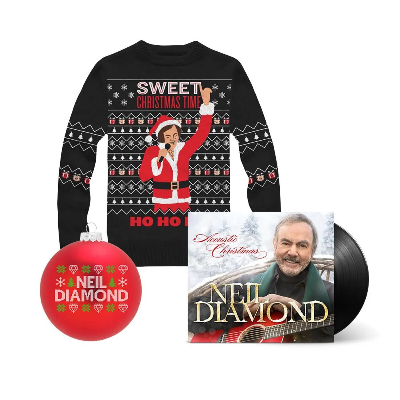 Neil Diamond Acoustic Christmas LP + Christmas Knit Sweater + Christmas Ornament