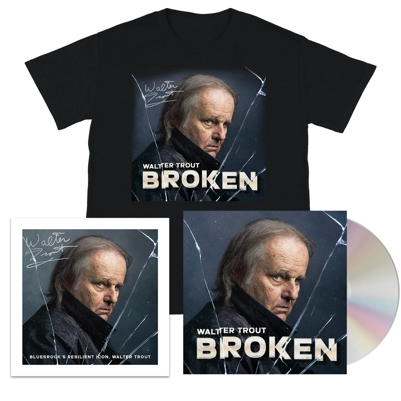 Walter Trout Broken (CD) + T-Shirt + Signed Print