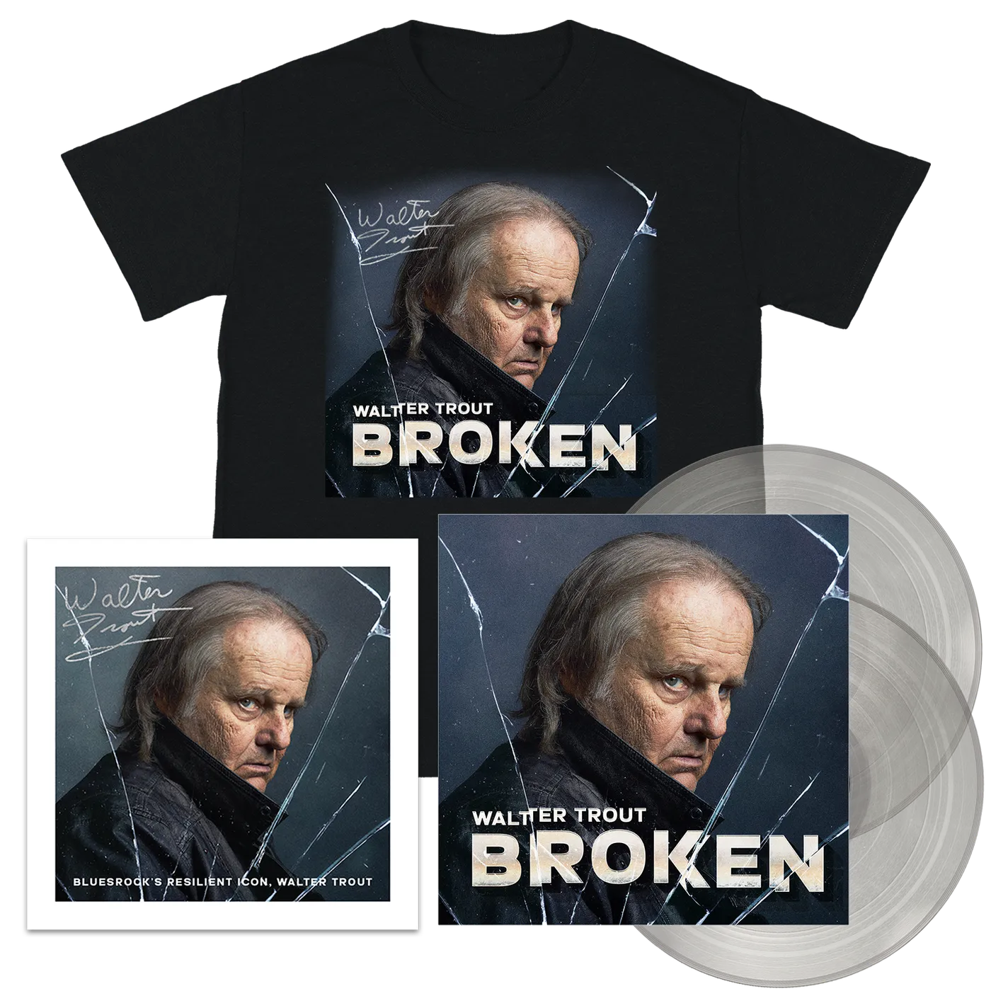 Walter Trout Broken (Double Transparent Vinyl) + T-Shirt + Signed Print
