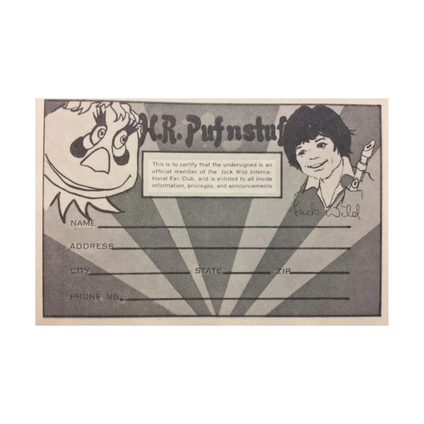 Sid & Marty Krofft Archives - Jack Wild International Fan Club Membership Card