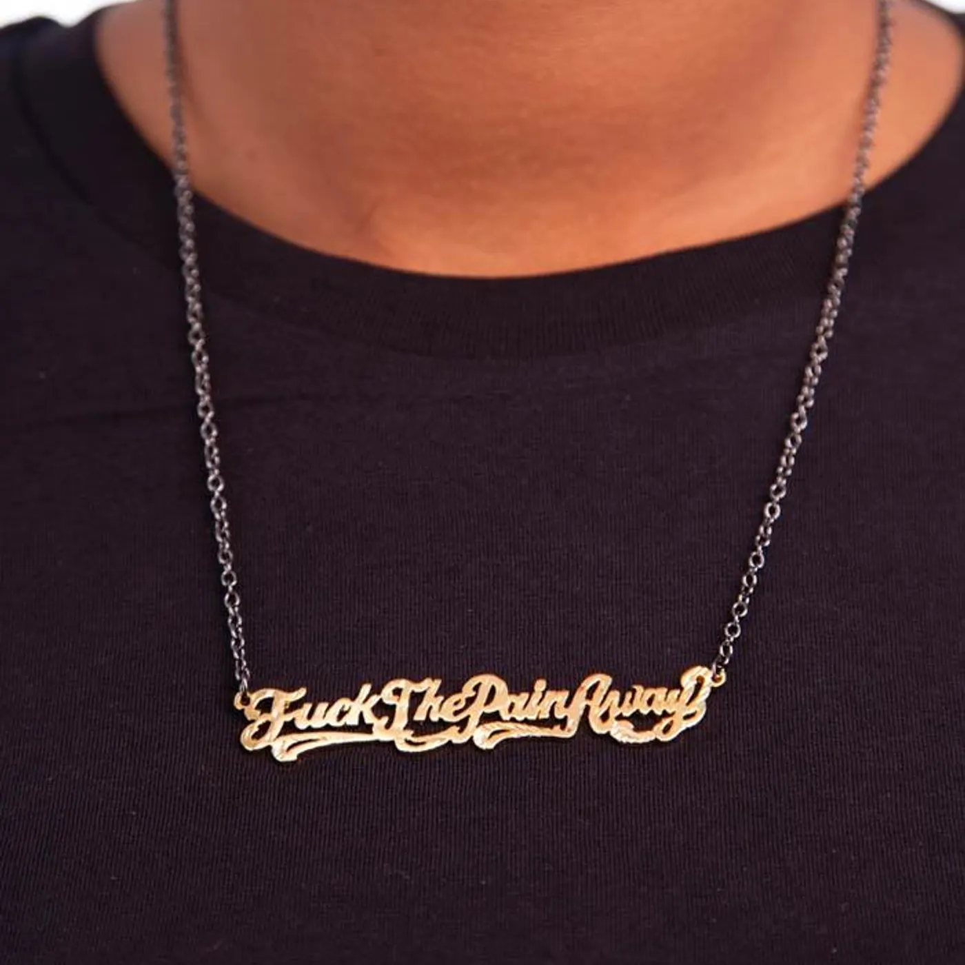 Peaches Fuck the Pain Away Necklace In Gold With Gunmetal Chain By Snash Jewelry